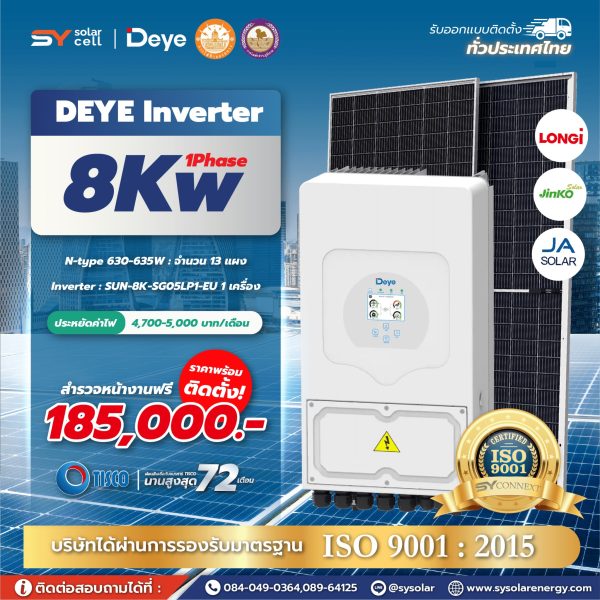 ชุดโซล่าเซลล์ Deye Hybrid inverter 8 kW Phase 1 พร้อมติดตั้ง
